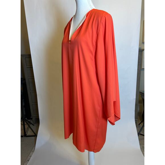 Elaine Turner | Coral/Orange Wide Sleeve V Neck Flowy Tunic Dress | Small - Picture 7 of 13